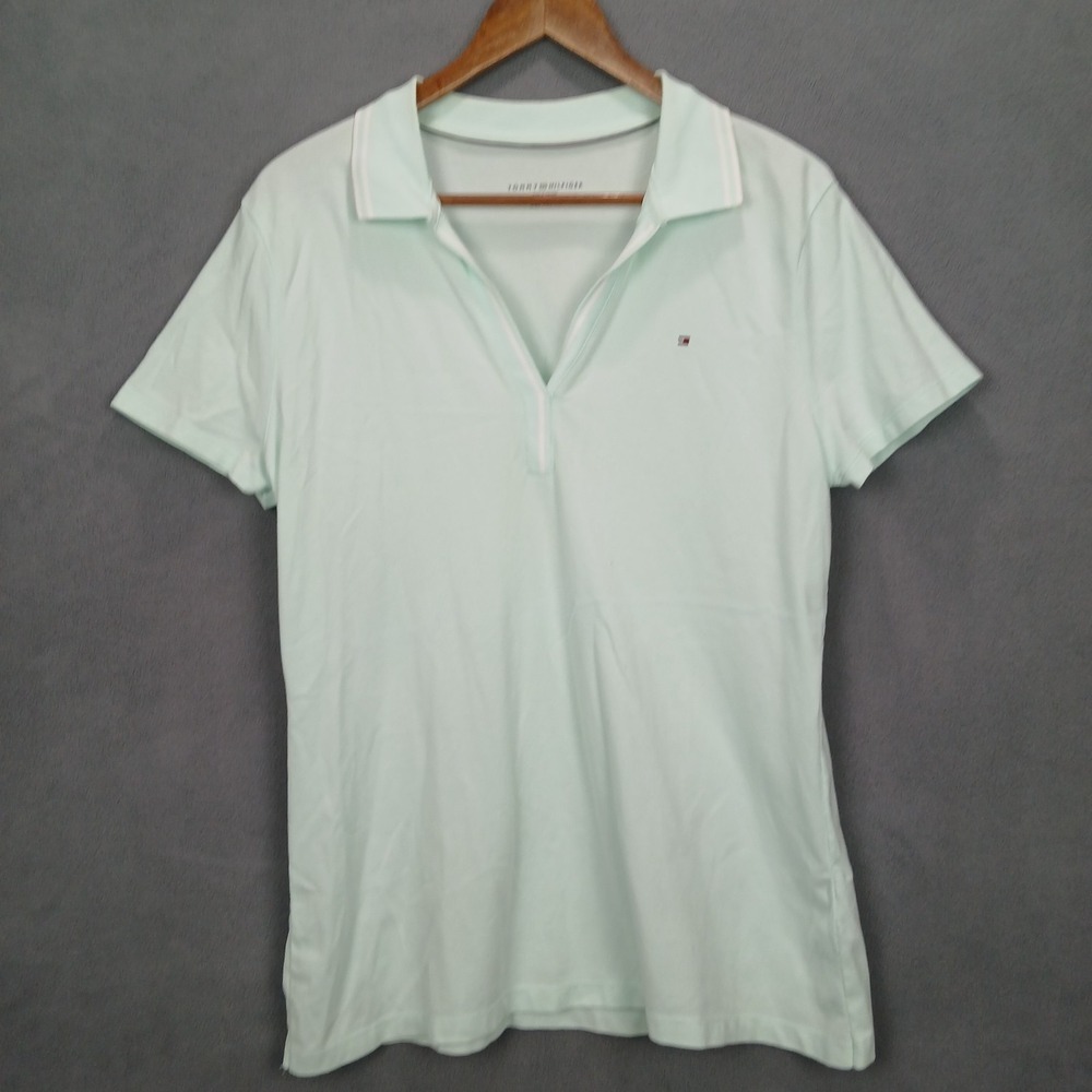 Tommy Hilfiger Polo Shirt Women XL Light Turquoise Pique Logo V-Neck Performance